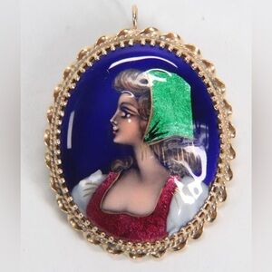 Vintage 14K Yellow Gold Enamel French Maiden Brooch